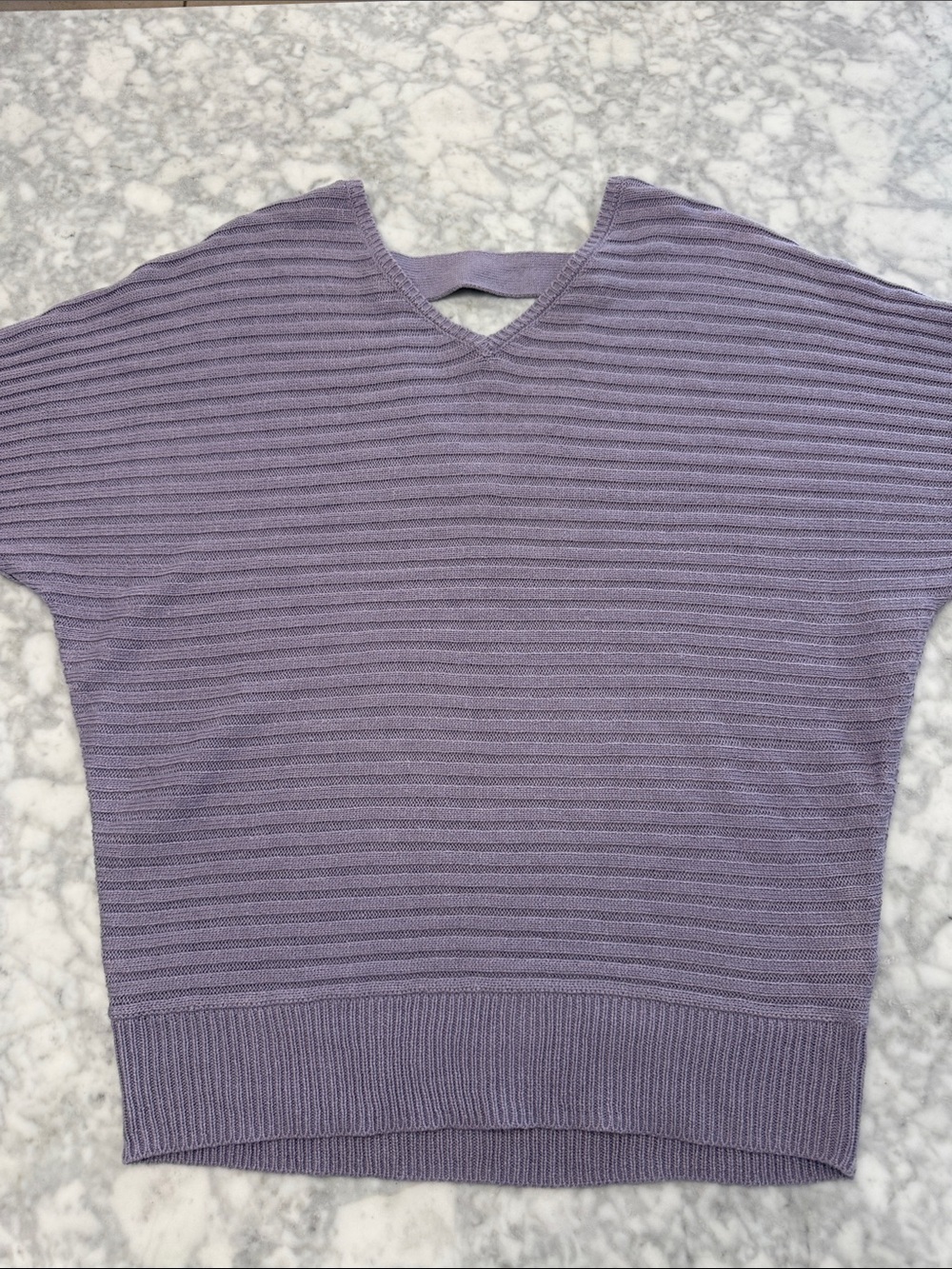 New York & Company Lavender Ribbed V-Neck Short Sleeve Sweater